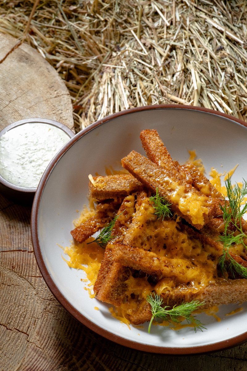 Гренки из бородинского хлеба с сыром пармезан и чесночным соусом